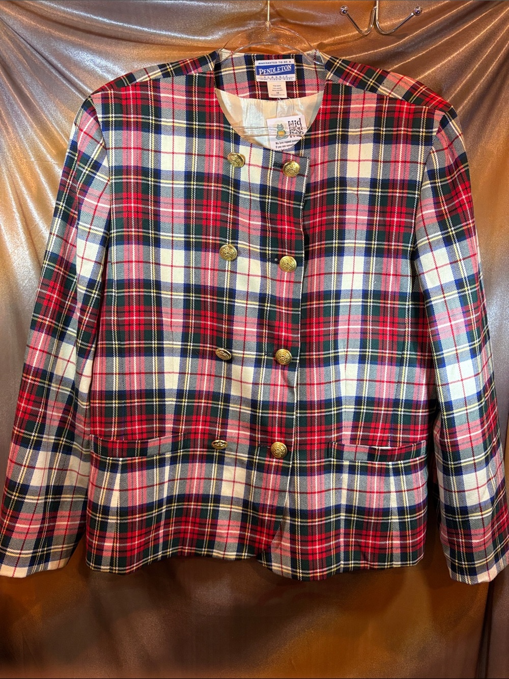 Vintage‎ stunning Pendleton Red Navy Plaid Double-Breasted Wool Blazer 222